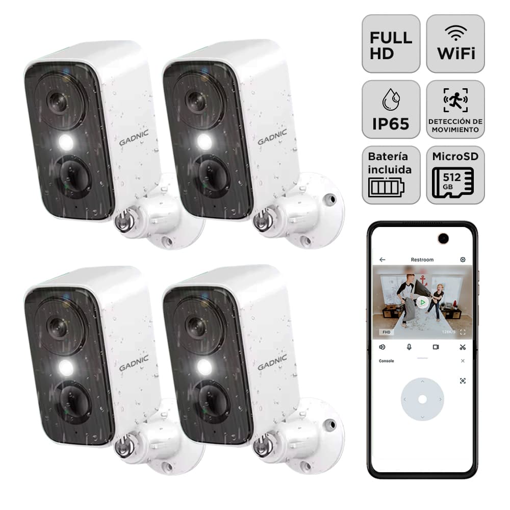 Kit x4 Camara Seguridad Gadnic Wifi Interior Exterior Full HD 1296P Vision Nocturna Audio Bidireccional App AJ Cloud IP65