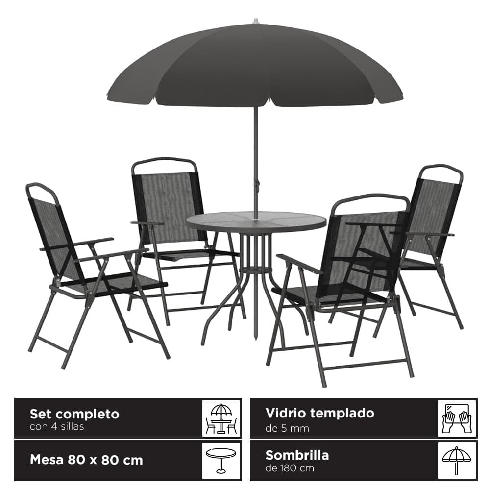 Juego De Jardín Southport By Gadnic Con 4 Sillas Mesa 80 X 80 Cm Sombrilla 180 Cm Vidrio Templado Y Tela Oxford