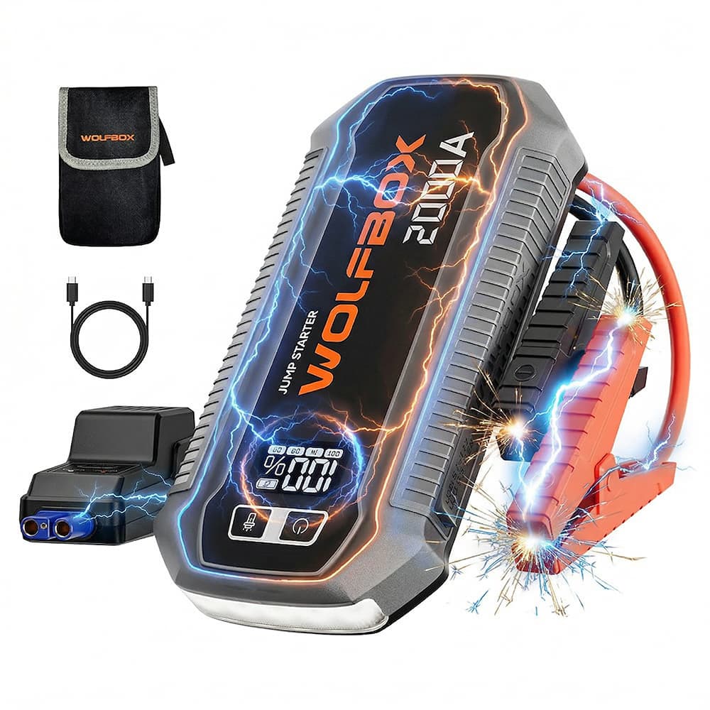 Arrancador De Bateria Wolfbox 2000A 12000mAh 12V Display LED PD30W QC3.0 IP64 Para Auto Nafta Y Diesel