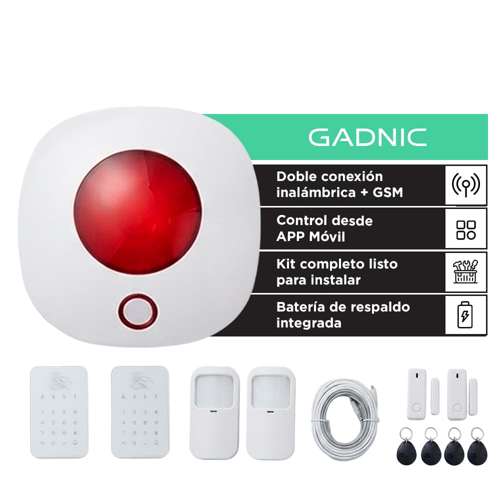 Kit Alarma Inteligente Gadnic WiFi 2.4 GHz GSM Con Sirena 2 Teclados Inalambricos 2 Sensores PIR 2 Sensores Magneticos 4 Llaveros RFID Bateria De Respaldo App Smart Life