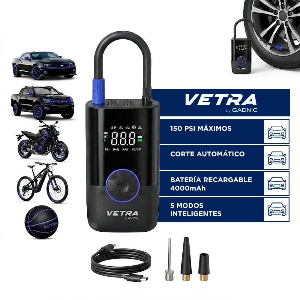 Inflador De Neumáticos Inalámbrico Vetra By Gadnic 150 PSI Recargable Para Auto Y Moto Compresor