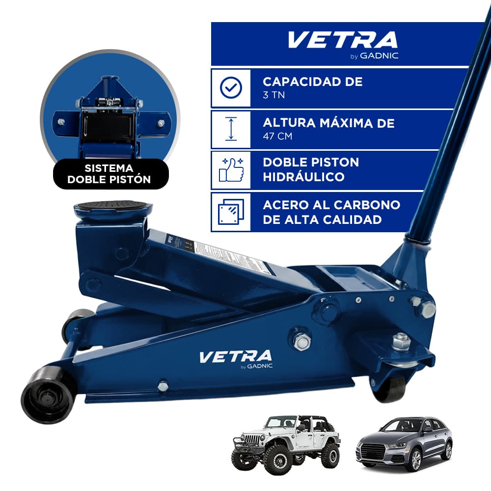 Crique Gato Hidráulico Vetra By Gadnic 3 Toneladas Doble Pistón Para Auto