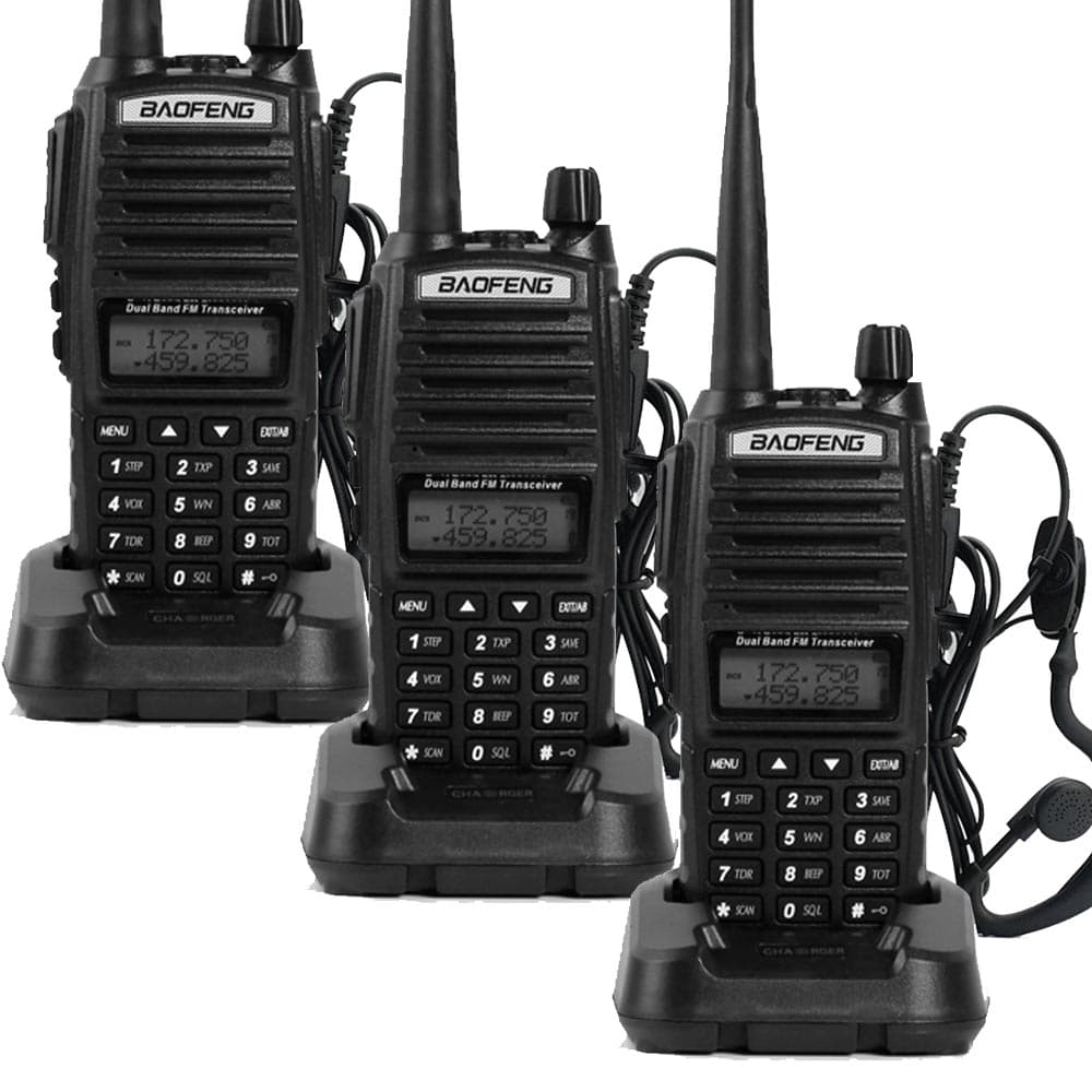 Handy Baofeng UV-82 10w Kit x3 Bi-Banda 128CH Hasta 20km 6 Baterías y 3 Manos Libres