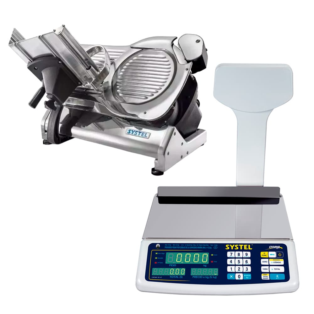 Kit Systel Balanza Comercial Croma Bateria 31kg Mástil 200 Articulos Cortadora de Fiambre CF330 13hp 330mm Acero Fiambreria Almacen