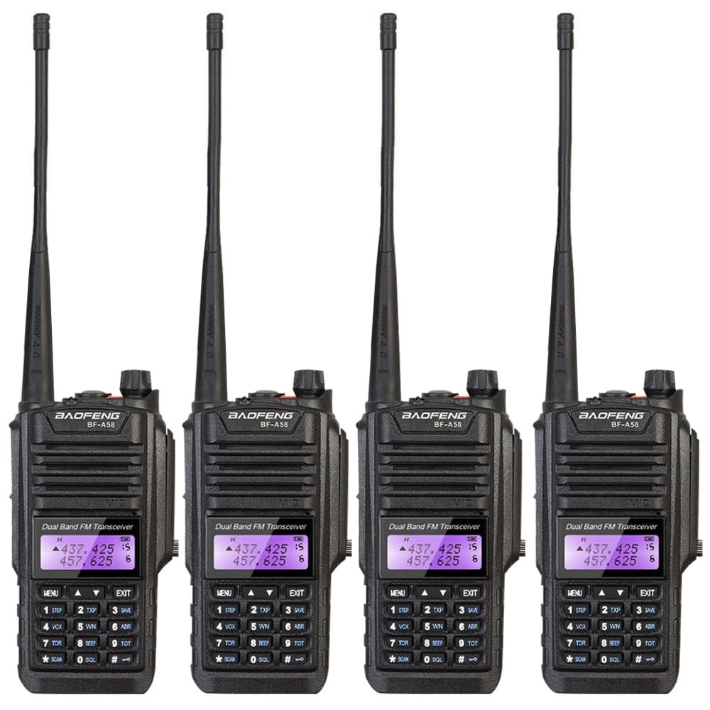 Handy Baofeng A-58 Kit x4 Bi-Banda 5w 128CH Hasta 12km + 8 Baterías y 4 Manos Libres