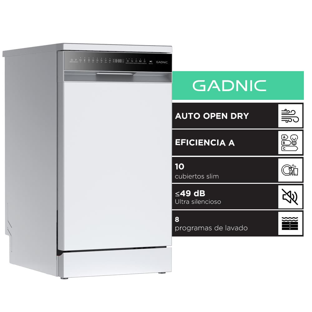 Lavavajillas Slim Gadnic 10 Cubiertos Auto Open Panel Táctil 8 Programas Eficiencia A