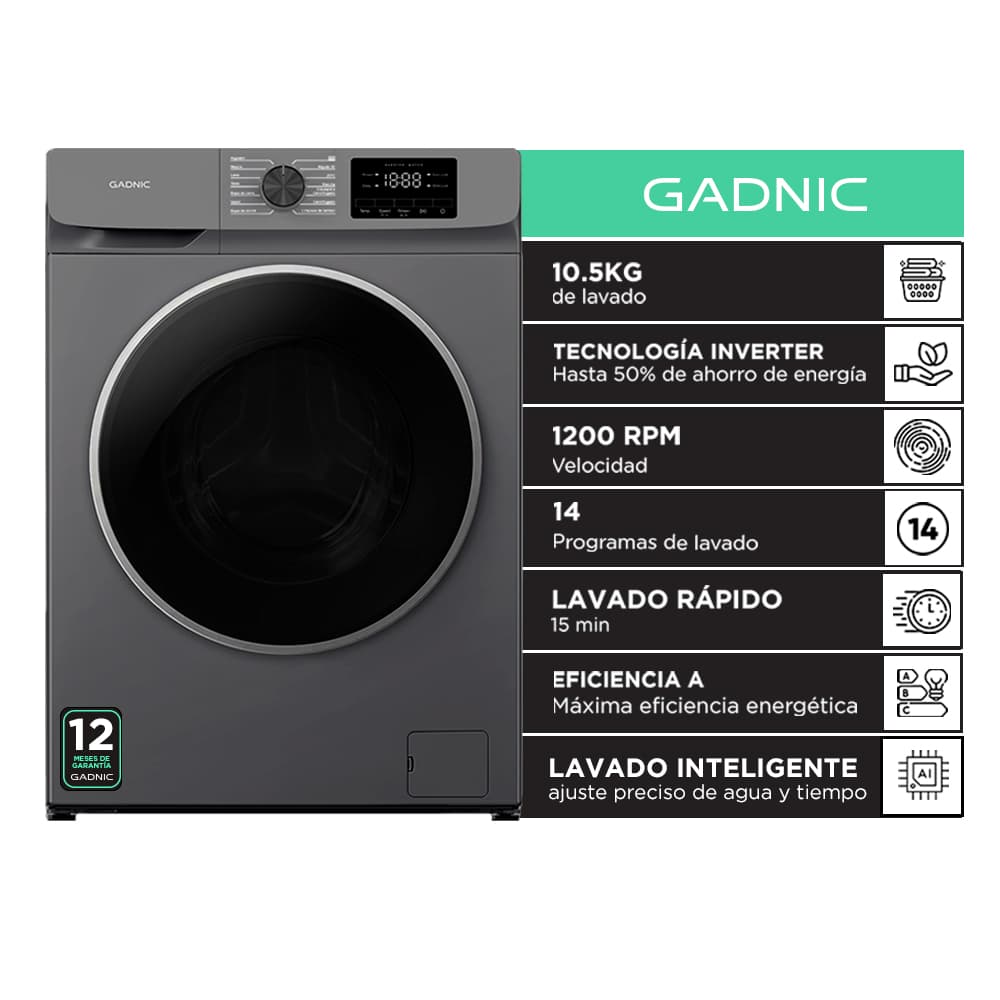 Lavarropas Automático Gadnic 10.5 Kg Tecnología Inverter 1200 RPM Carga Frontal 14 Programas Lavado Rápido 15 Min
