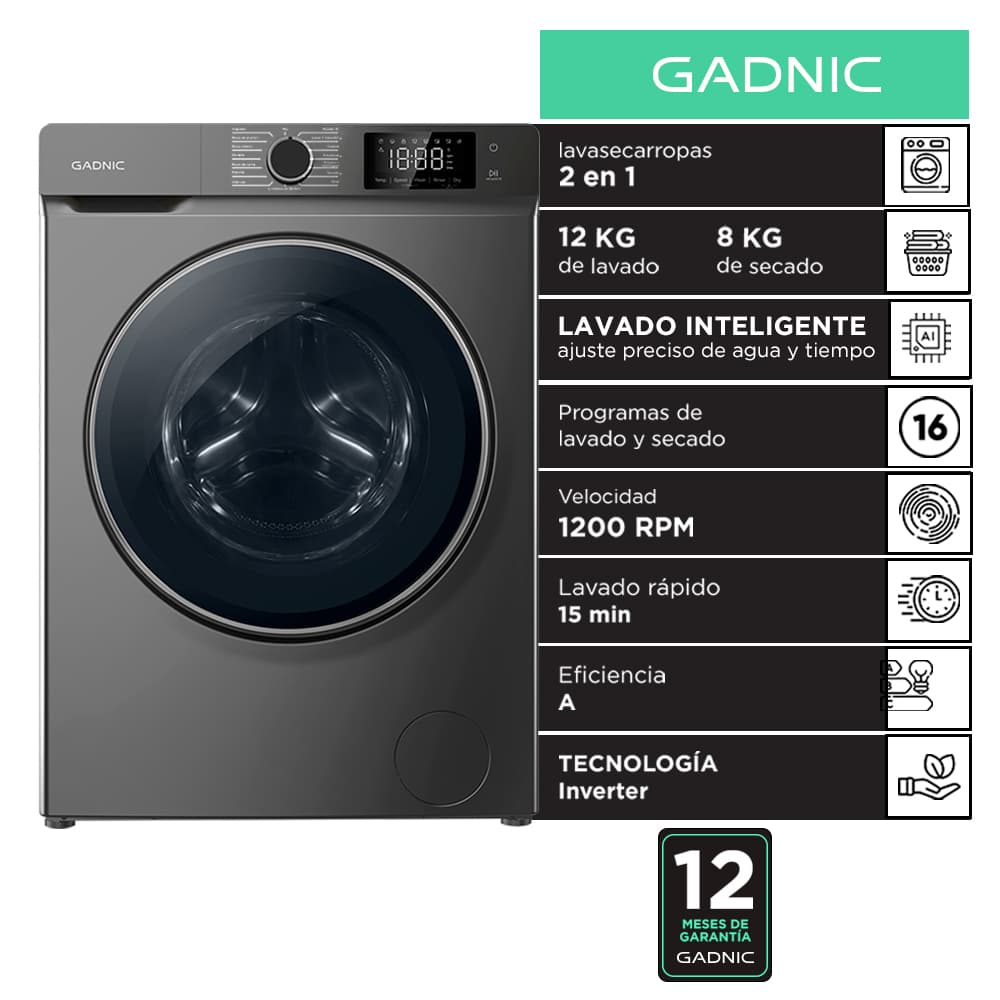 Lavasecarropas Gadnic 12Kg Lavado 8Kg Secado 1200RPM Inverter Automatico Frontal 1800W