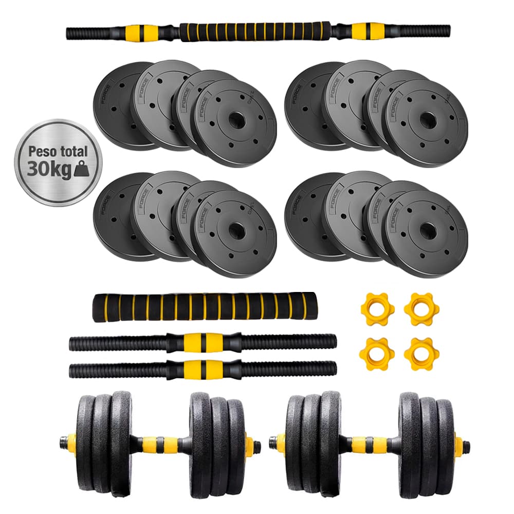 Kit Mancuernas Y Barra 30 Kg Discos PVC Force By Gadnic Pvc Tope A Rosca Alta Resistencia