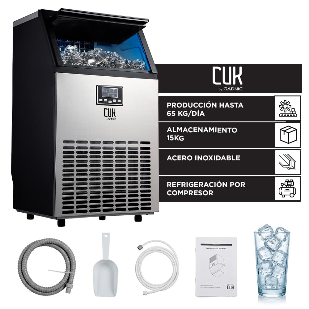 Máquina Fabricadora De Hielo Industrial Cuk By Gadnic 65 Kg Diarios Acero Inoxidable 15 Kg Almacenamiento