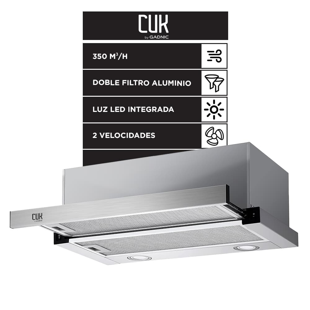 Extractor Purificador De Cocina CUK By Gadnic Extensible 60 Cm Acero Inoxidable 350 m³/h Doble Filtro De Aluminio Lavable Luz LED 2 Velocidades 65W